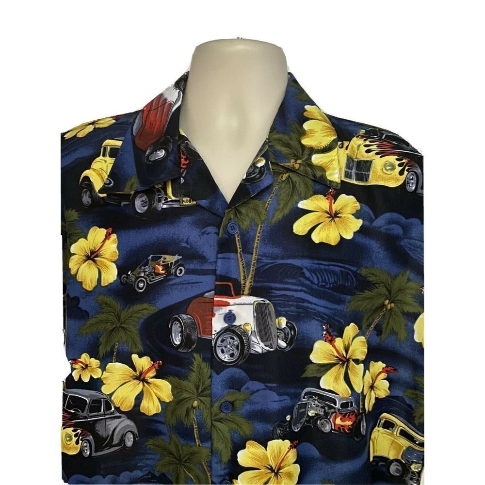 Ferugini Blue Hawaiian Floral Classic Hot Rod Cars Button Front Shirt 2XL XXL - Picture 4 of 6
